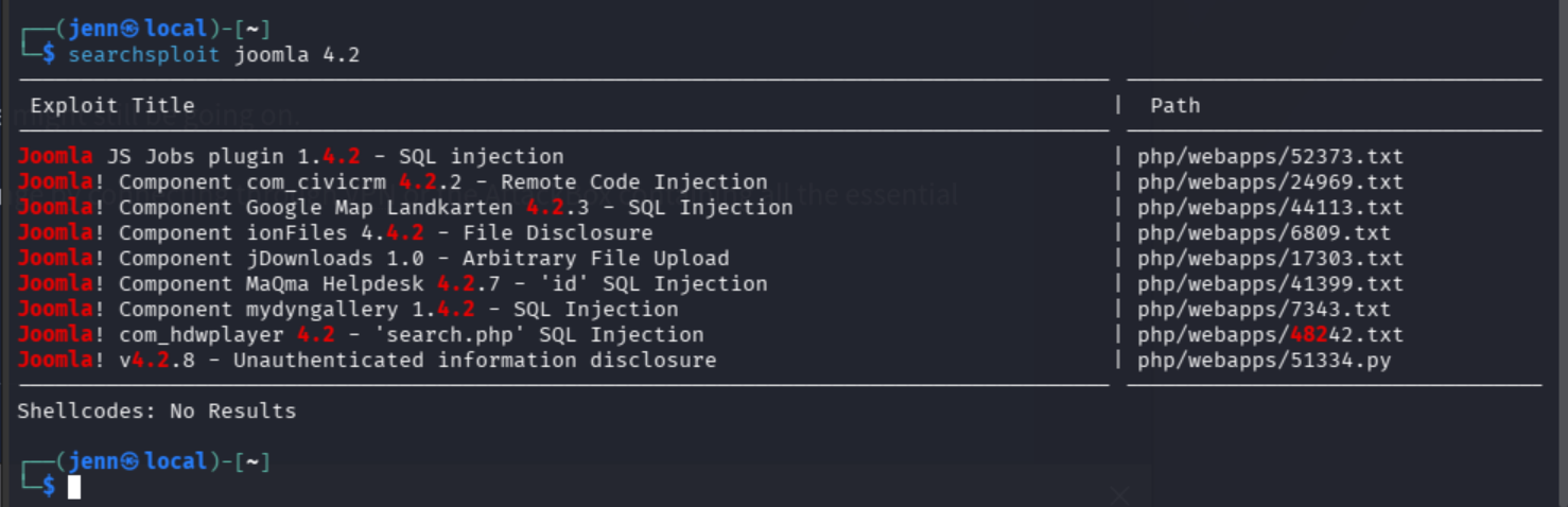 searchsploit results for joomla 4.2 showing CVE-2023-23752